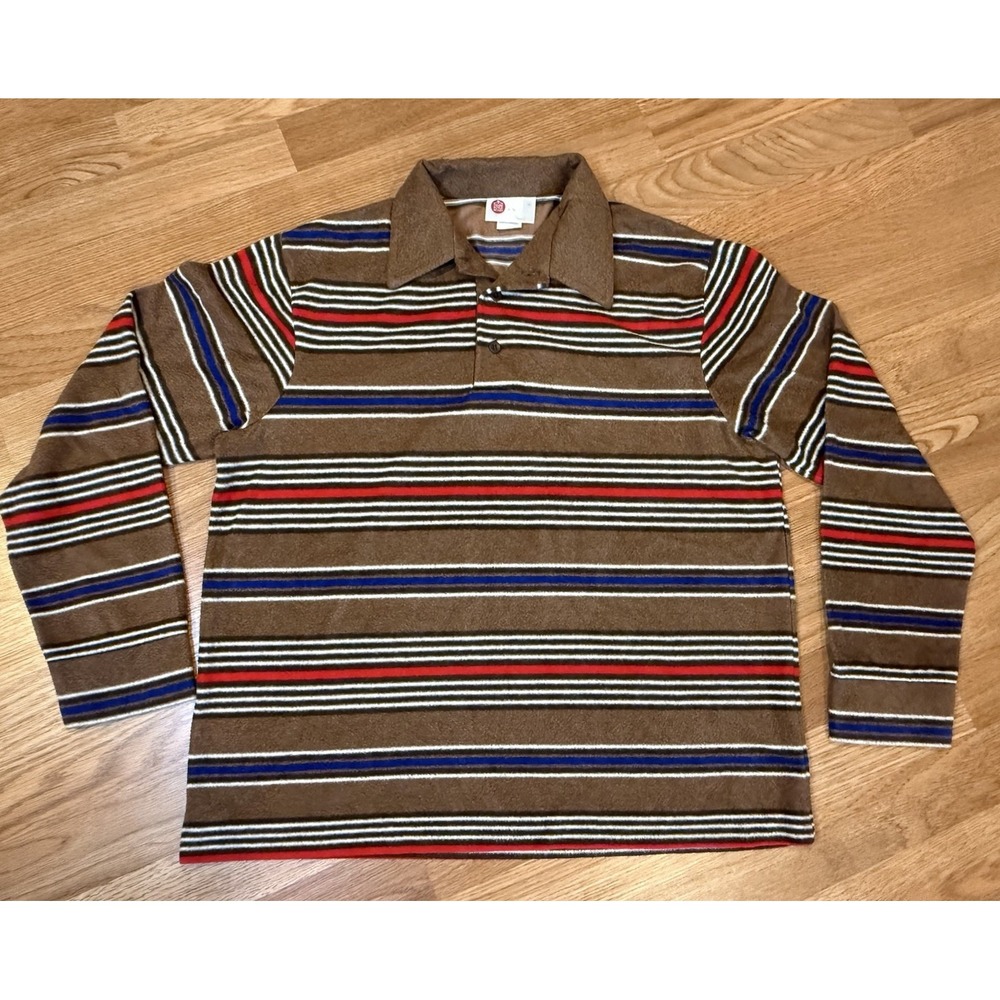 Vintage 70s Kings Road Shirt Mens MED Brown Sweater Striped Collared Pullover